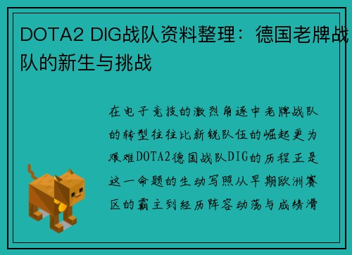 DOTA2 DIG战队资料整理：德国老牌战队的新生与挑战