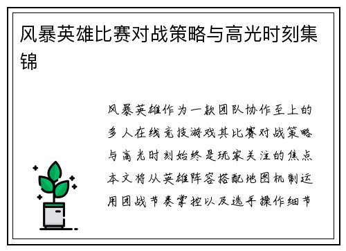 风暴英雄比赛对战策略与高光时刻集锦